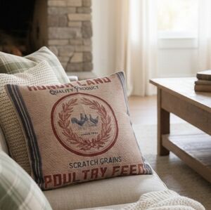 Vtg Farmhouse Chicken Feed Sack Pillow Cover Honor Land Poultry Scratch Grain